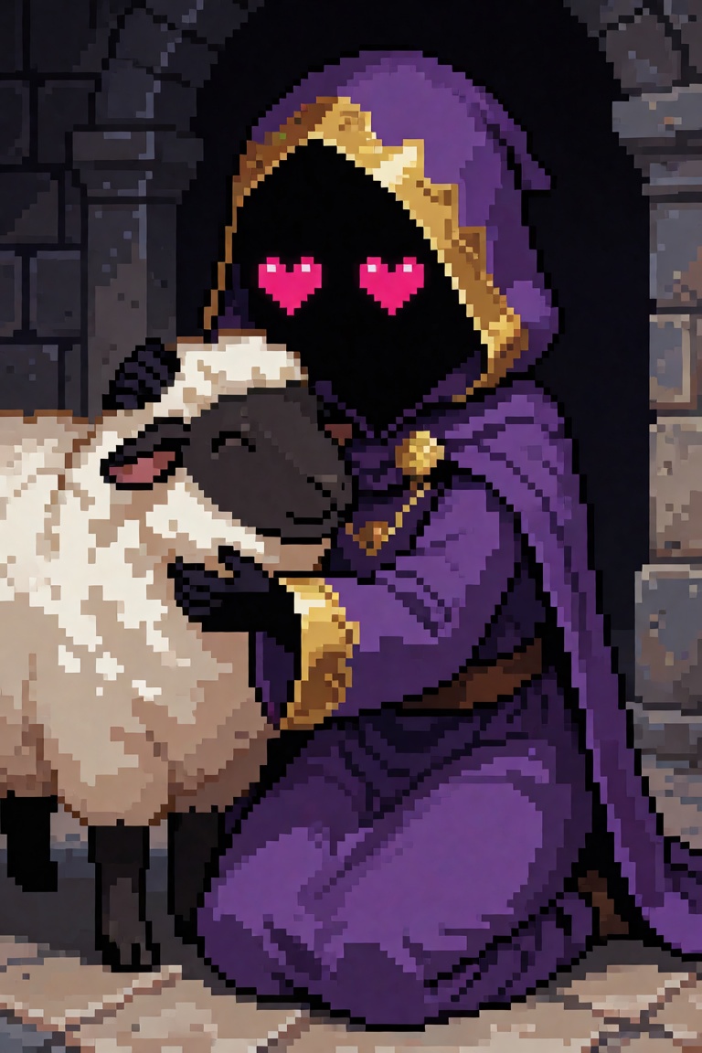(pixel_art),  dark hooded digital face,  glowing pixel heart eyes only on Tensor.Art