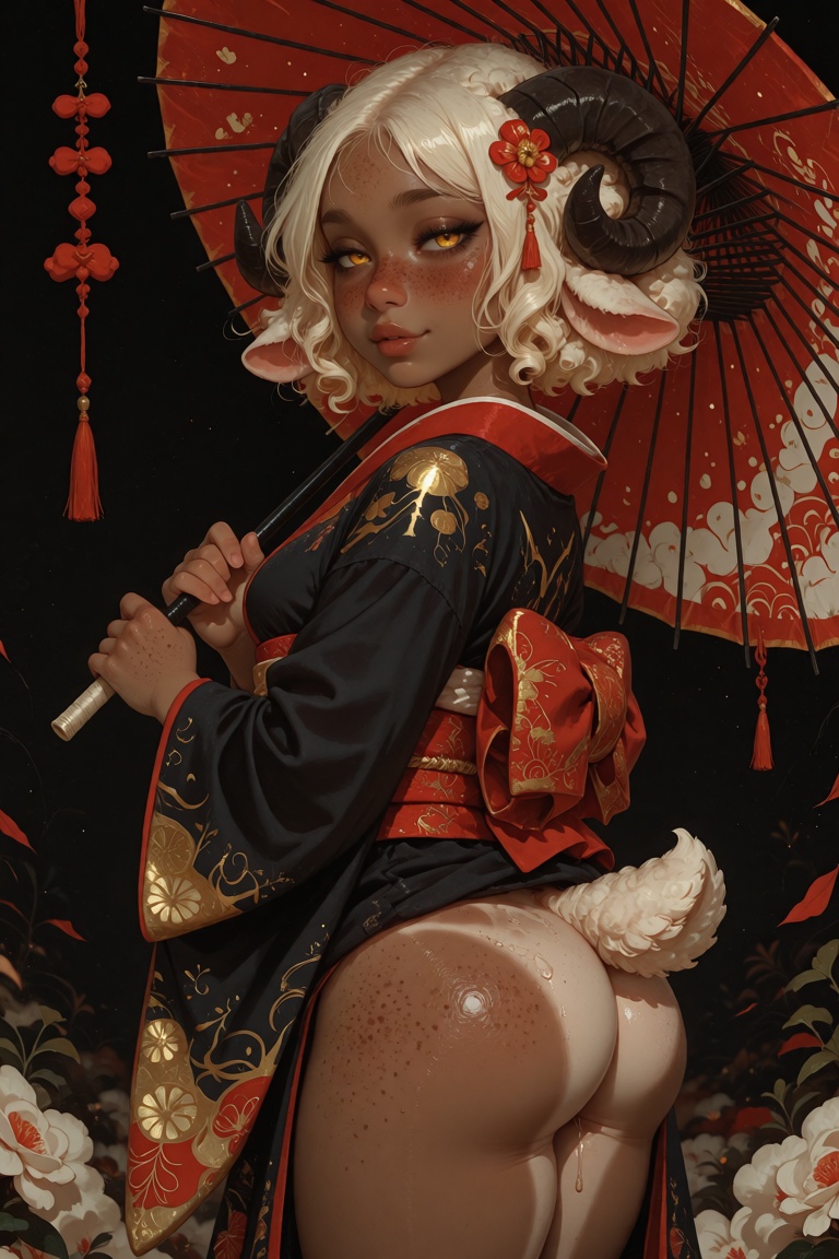 @Ophelia,  a dark tan skinned anthro sheep girl with large alluring golden eyes. Her high-contrast sunTanlines skin is cov...