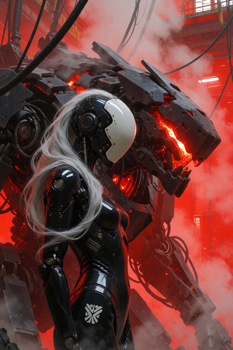 Photograph of a sleek,  cybernetic woman standing in a profile view next to a massive,  monstrous mechanical exoskeleton i...