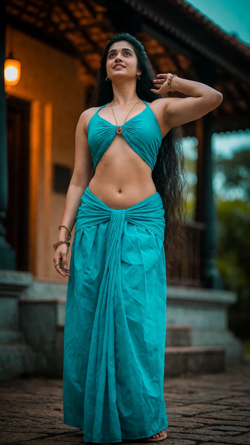 From ground level in a classic low-angle shot,  a woman,  look poses seductively outside an ornate Kerala traditional luxu...