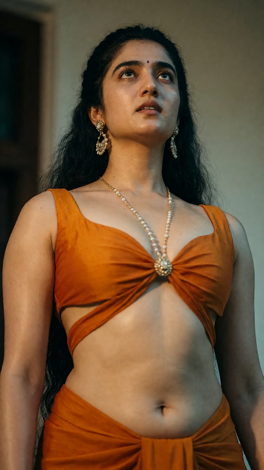 From a ground-level perspective in a classic low-angle shot,  capture a young Indian woman posing seductively outside an o...
