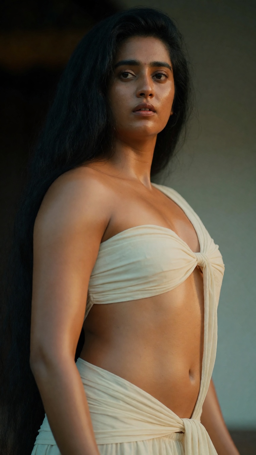 raw photo,  highly detailed,  photorealistic portrait of a young Indian woman with medium warm brown skin showing fine por...