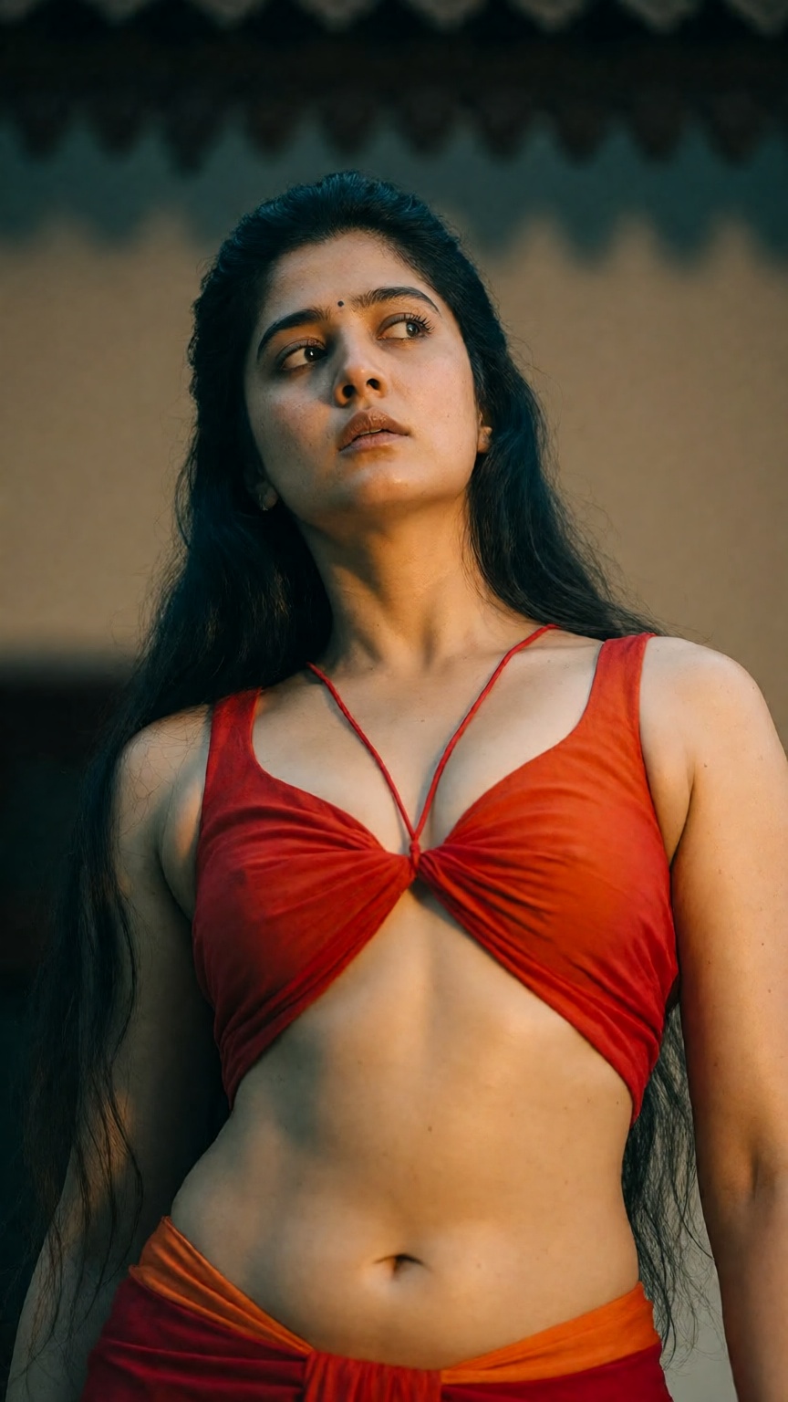 From ground level in a classic low-angle shot,  a woman,  look poses seductively outside an ornate Kerala traditional luxu...