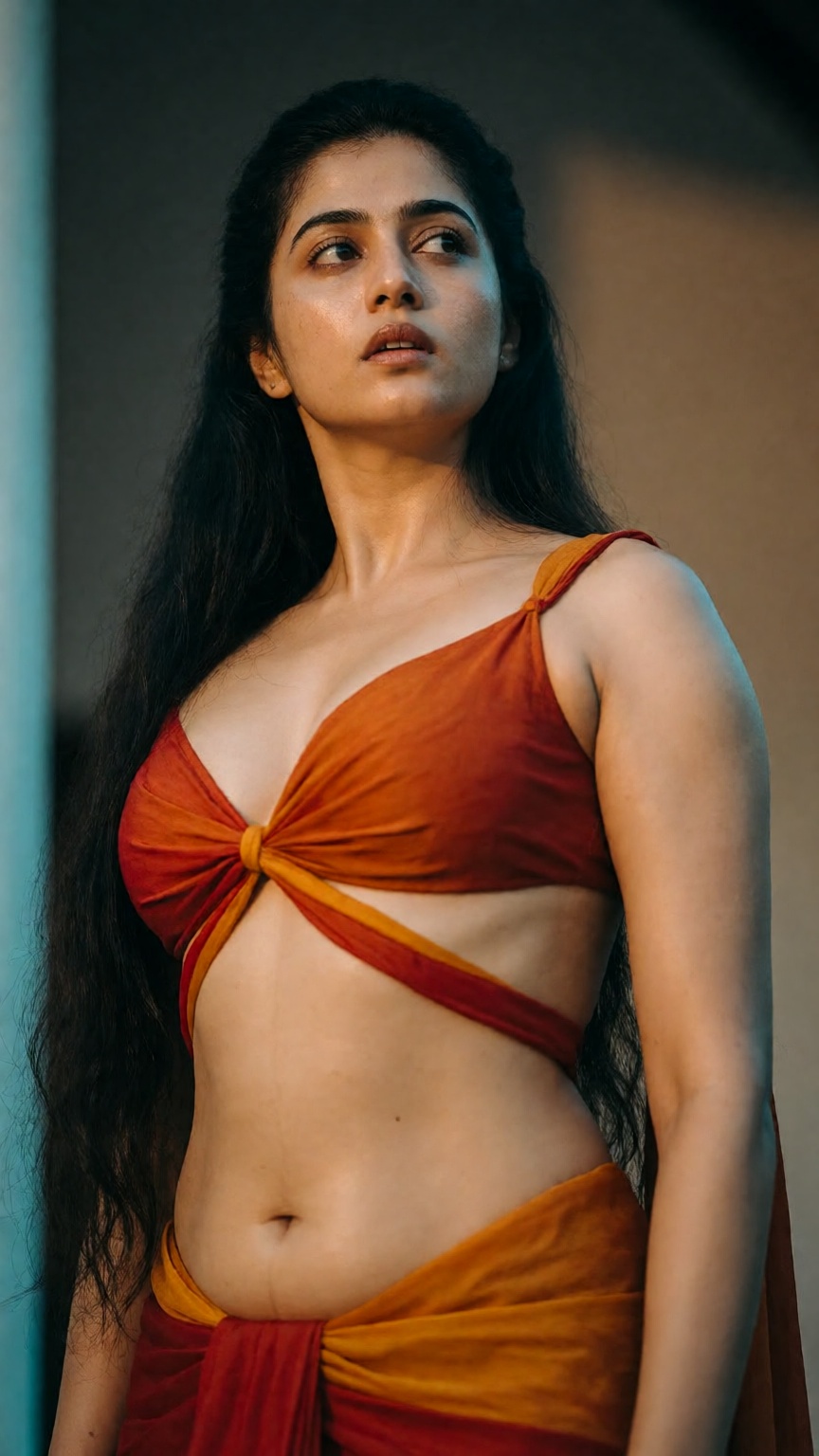 From ground level in a classic low-angle shot,  a woman,  look poses seductively outside an ornate Kerala traditional luxu...