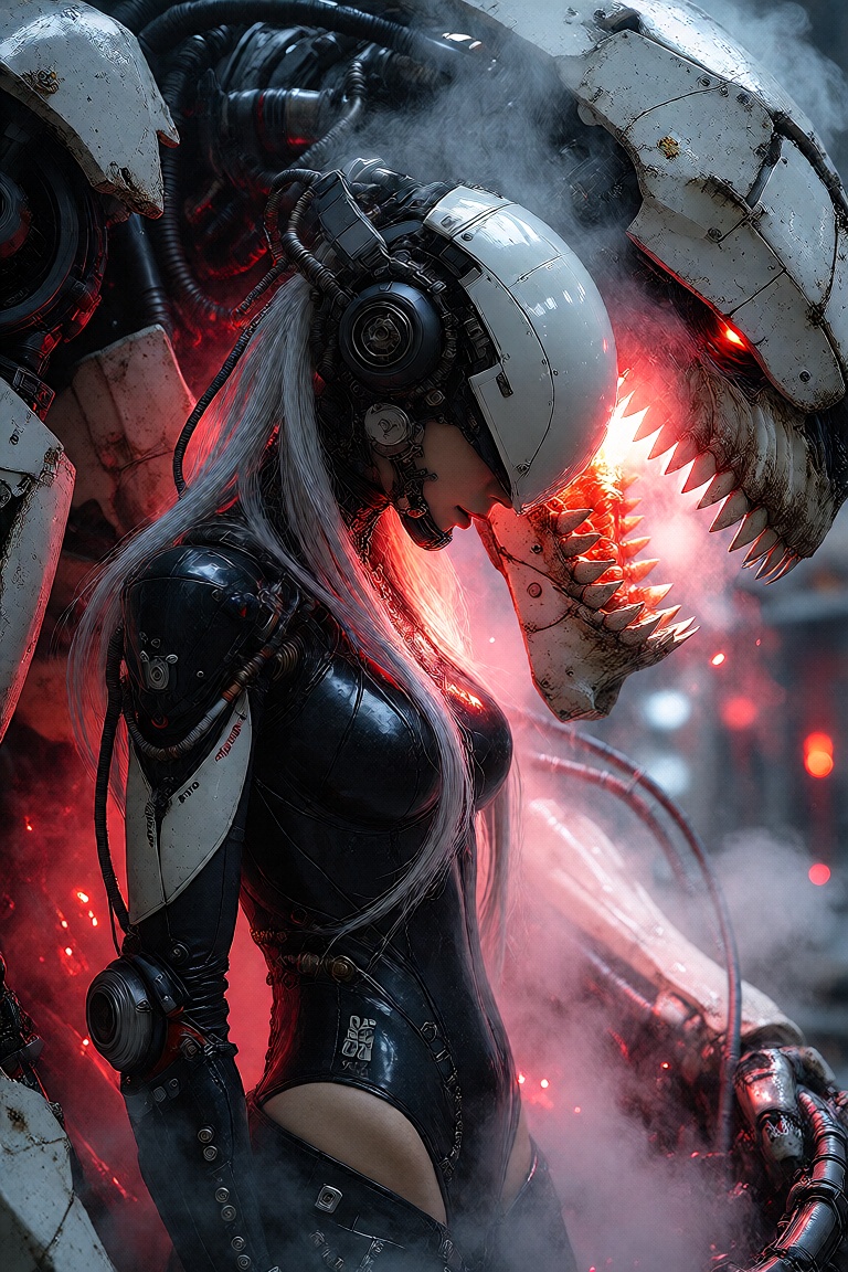 Photograph of a sleek,  cybernetic woman standing in a profile view next to a massive,  monstrous mechanical exoskeleton i...