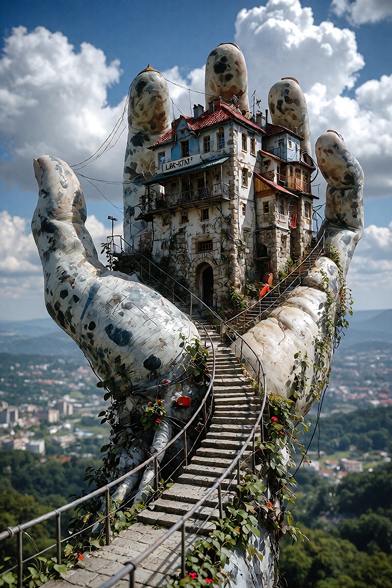 a city built on a (LAR-STAT hand) cliff outcrop shaped rock with a distant lush landscape background on Tensor.Art