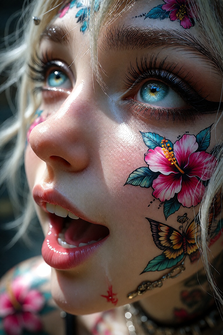 Hyperrealism,  extreme close-up Portrait of a beautiful,  stunning unique female character. She has large turquoise eyes f...
