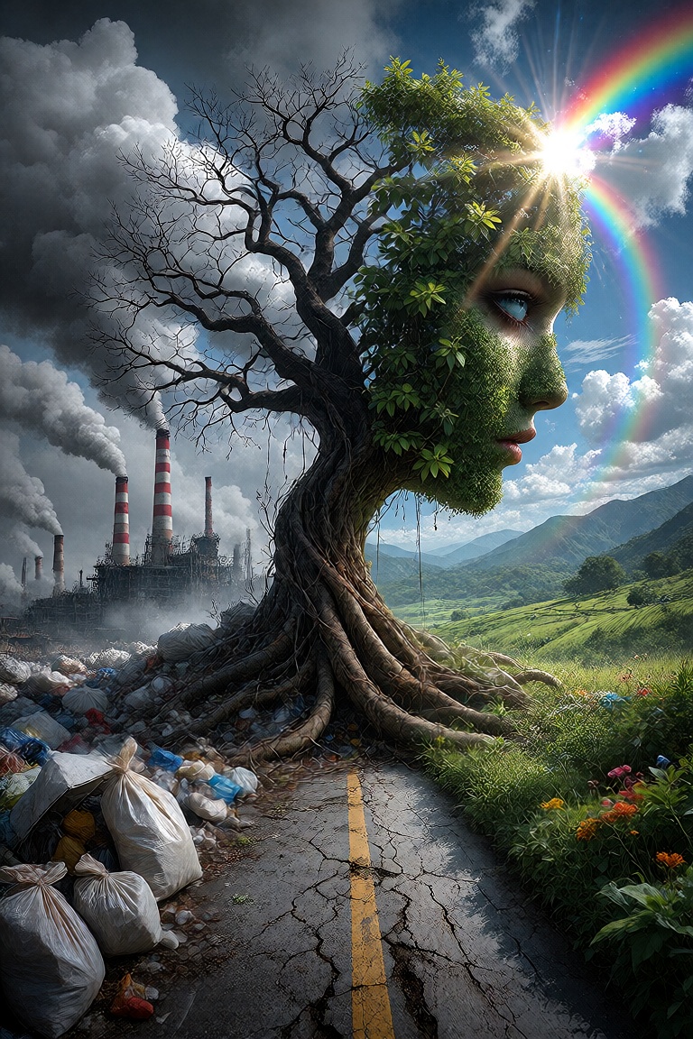 A strikingly symbolic surreal composition portraying a single tree split into two contrasting halves,  forming the profile...