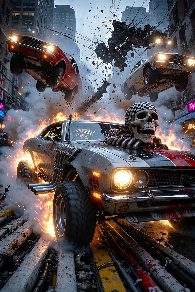 A chaotic cityscape bathed in the neon glow of streetlights is torn apart by a wild street race,  cars launching off ramps...