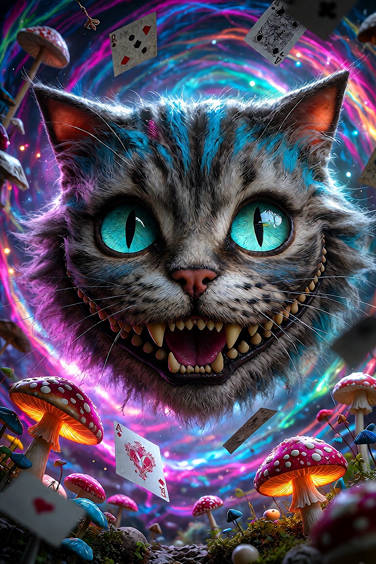 A trippy portrait of the Cheshire Cat from *Alice in Wonderland*,  featuring its iconic wide grin floating in a swirl of v...