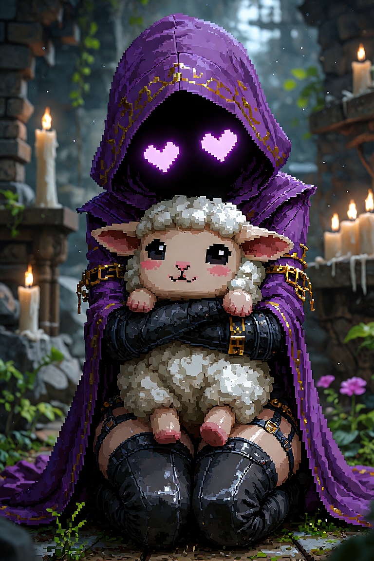 (pixel_art),  dark hooded digital face,  glowing pixel heart eyes only on Tensor.Art