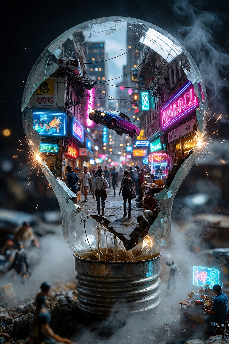 VintageSketch style,  YFG-Asak,  A hyper-detailed miniature diorama of a futuristic cyberpunk city built inside a broken l...