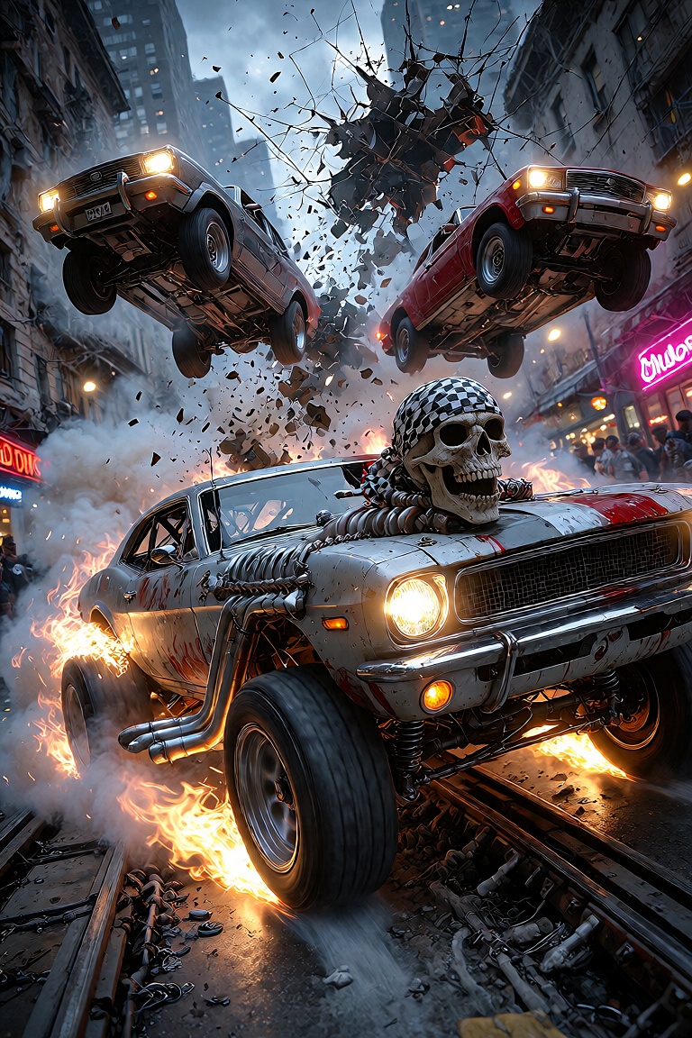 A chaotic cityscape bathed in the neon glow of streetlights is torn apart by a wild street race,  cars launching off ramps...