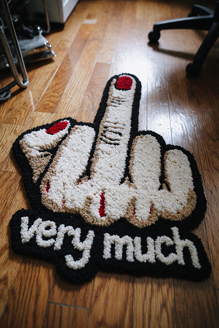a fluffy carpet mat that represent a middle finger gesture on a hardwood floor. the words "very much" underneath the gestu...