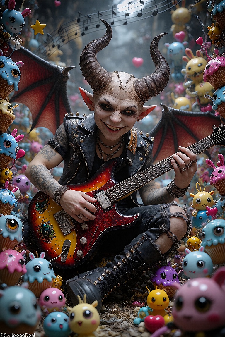 DecoDaal,  A smiling demon plays an electric guitar at the center of an elaborate collection of musical notes,  cartoon fa...