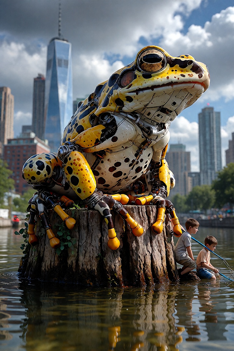 artilands02,  Photo-realistic rendering of a mechanical frog with vibrant yellow and black spotted patterns,  sitting atop...