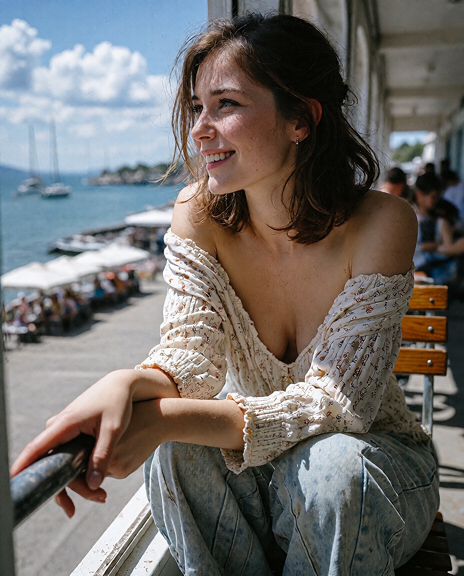 an ***** woman with shoulder-length chestnut hair and a bright candid smile,  wearing a stylish off-shoulder top and wide-...