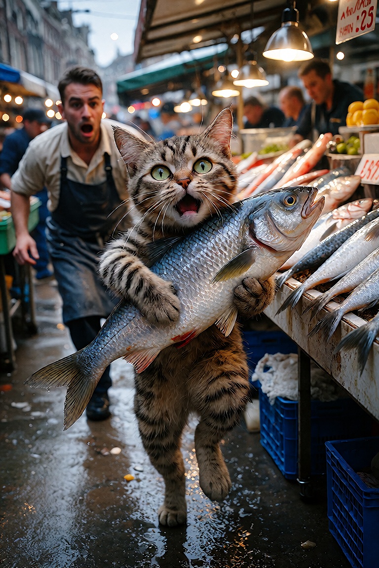 A photorealistic,  ultra detailed,  humorous scene on a bustling dutch street market. A small young tabby cat anthropomorp...