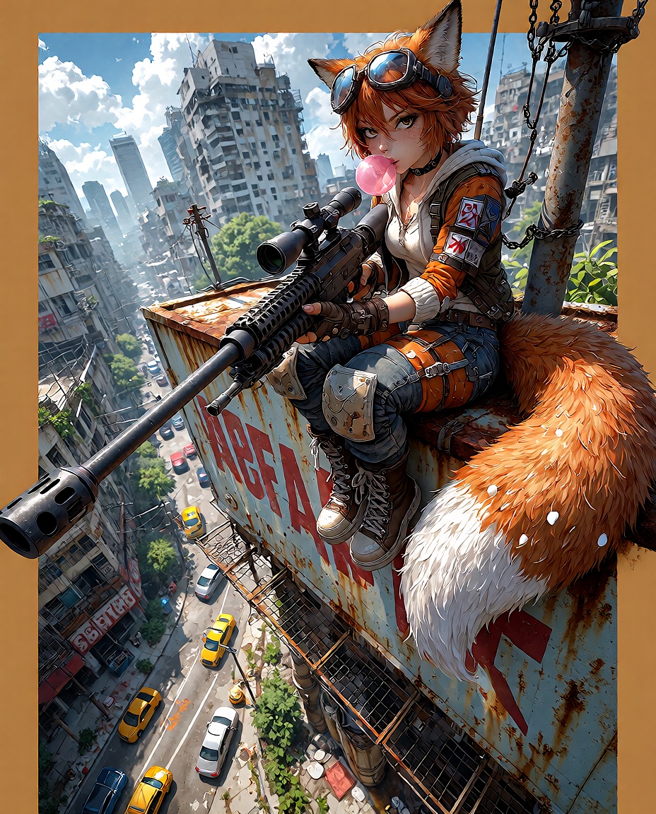 A stylized comic panel illustration in graphic novel linework,  featuring a spunky anthro red fox girl sharpshooter seated...