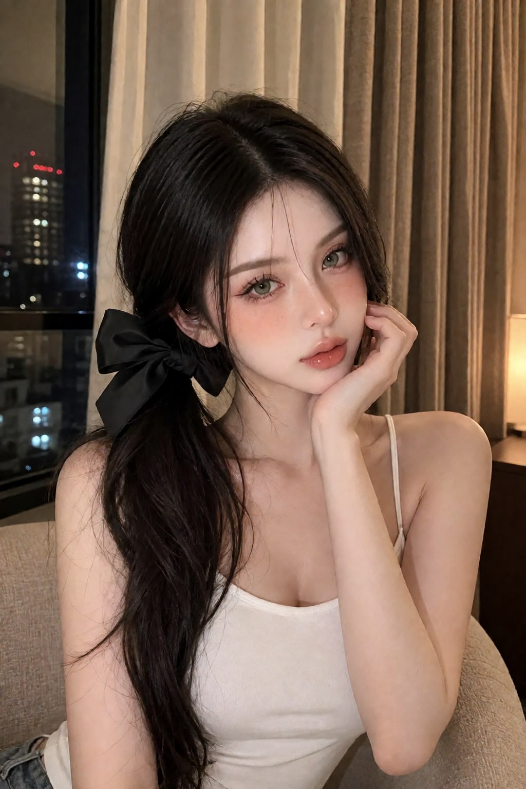 photograph of a young asian woman with fair skin and long,  straight black hair tied in a low ponytail with a large black...