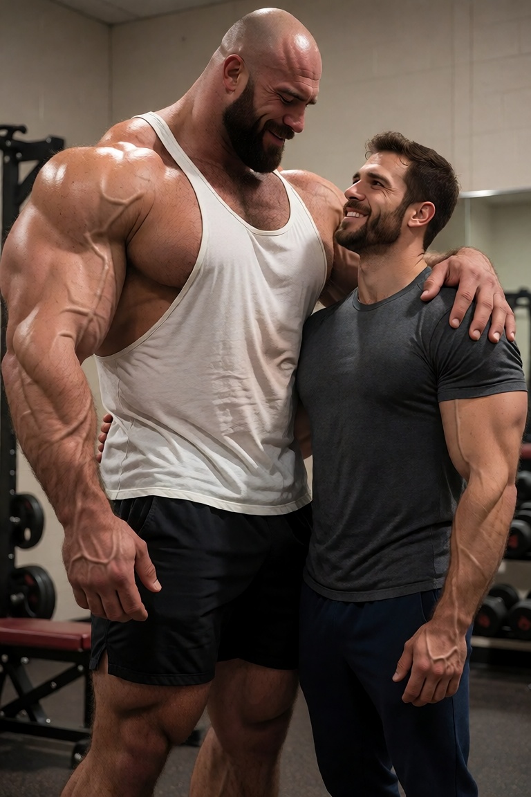 Medium close-up shot from a slightly low angle capturing two ***** men standing side by side in an intimate,  warmly lit i...