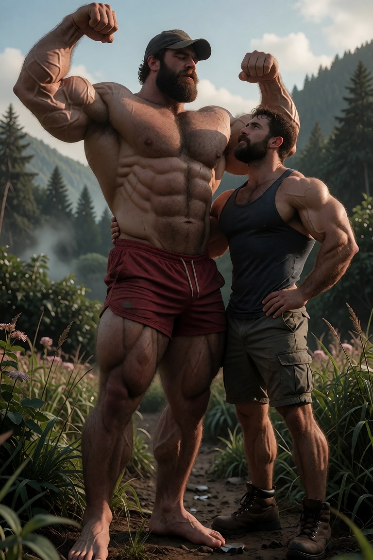 Medium full-body shot from a slightly low angle,  capturing two ***** men standing side by side on a narrow dirt trail cut...