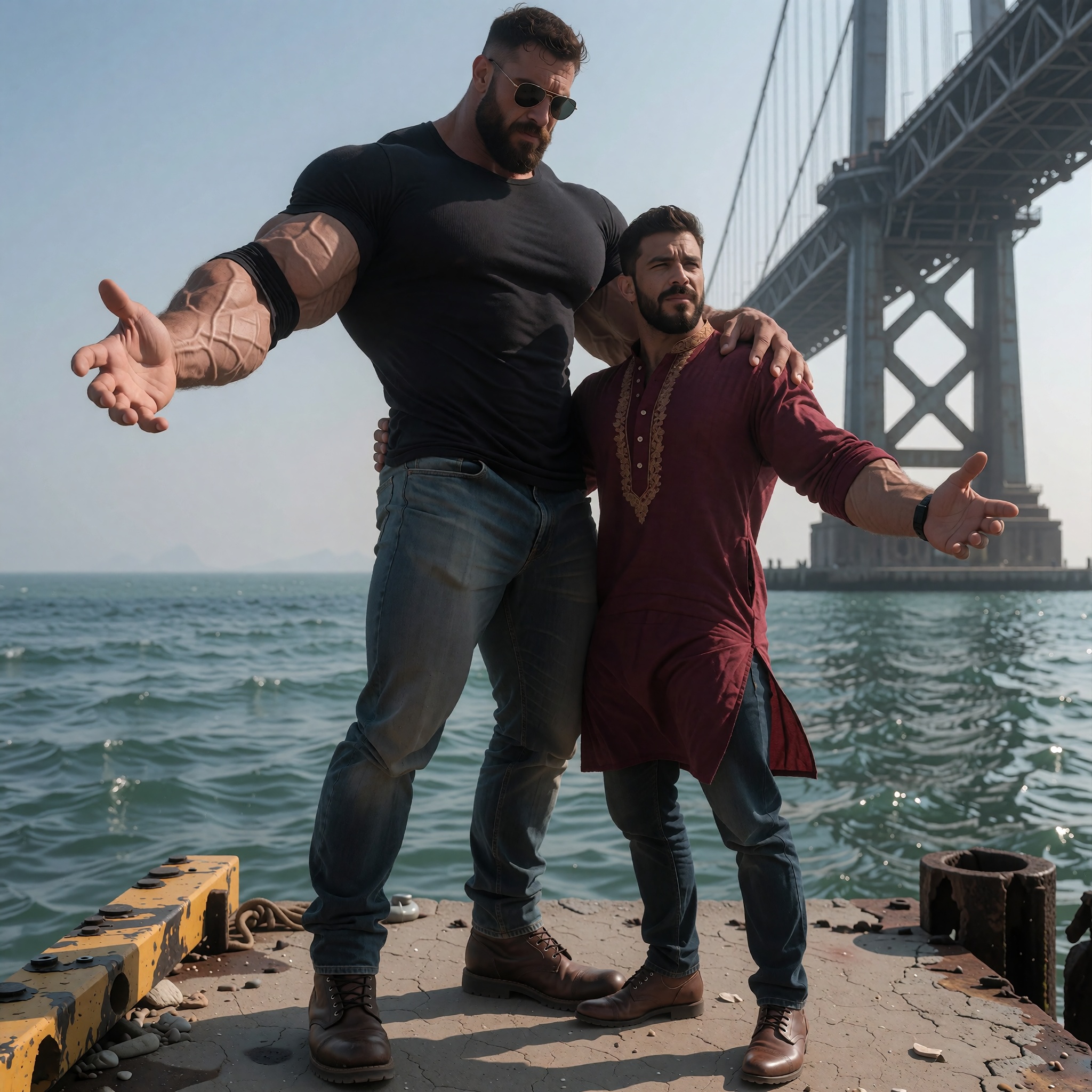 Medium-wide shot from a slightly low angle capturing two ***** men standing side-by-side on a sun-drenched concrete pier e...