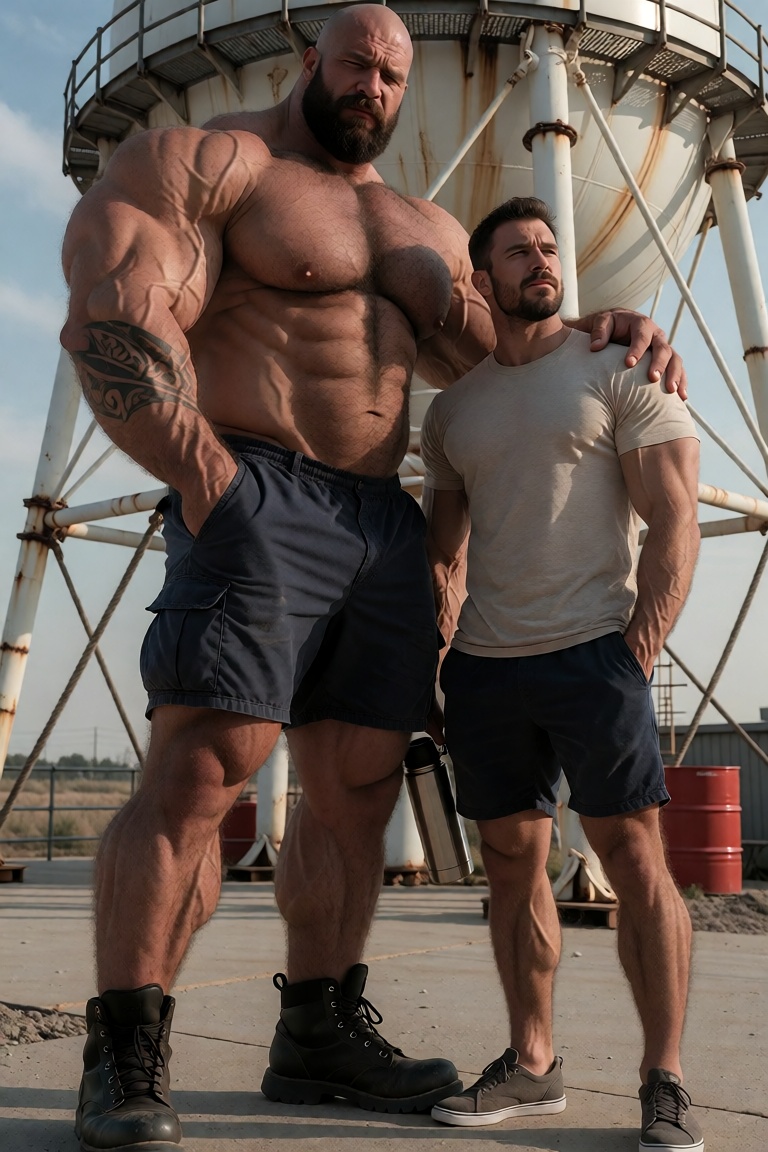 Low-angle medium shot capturing two ***** men standing side-by-side on a sun-bleached concrete platform beneath towering w...