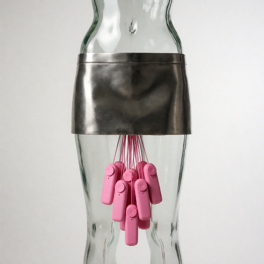 a armless glass mannequin has ten dangling vibe remotes in a bundle coming down from under its metal skirt between its leg...