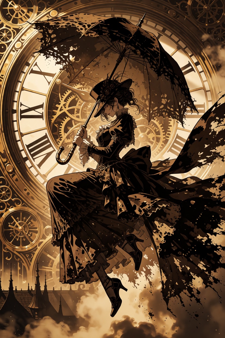 NijiSIS,  A dramatic sepia-toned steampunk illustration of a slender ***** woman suspended in midair beneath an enormous a...