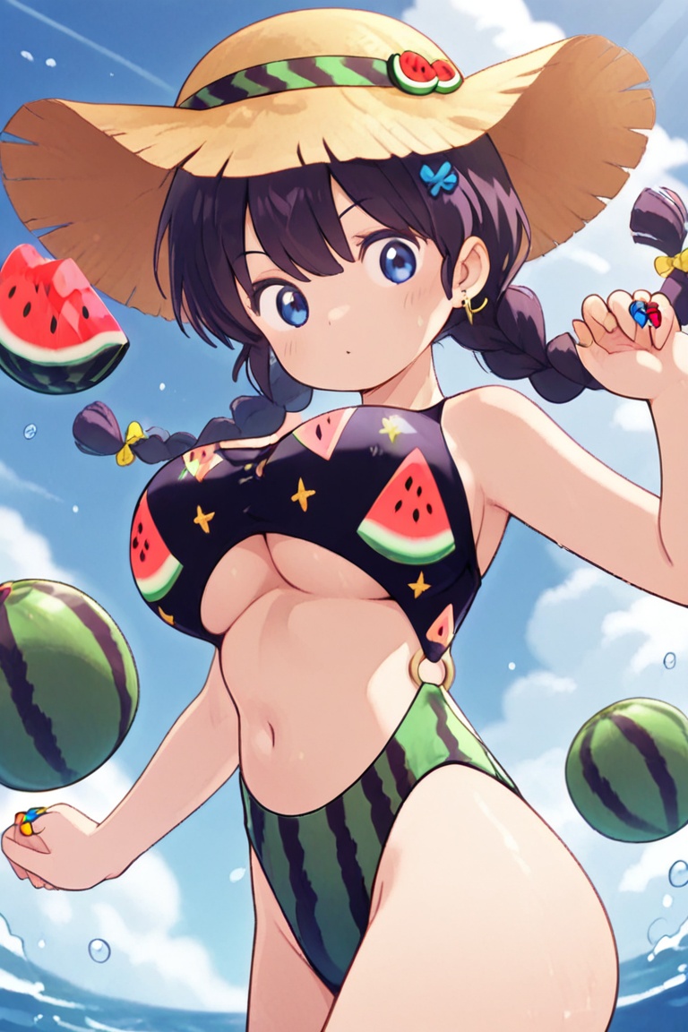 Watermelon-print bikini,  A ring-style bikini with connected top and bottom on Tensor.Art