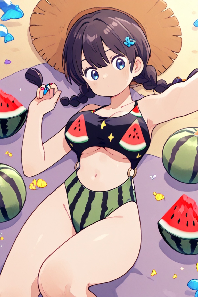 Watermelon-print bikini,  A ring-style bikini with connected top and bottom on Tensor.Art