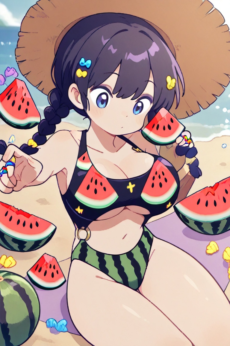 Watermelon-print bikini,  A ring-style bikini with connected top and bottom on Tensor.Art