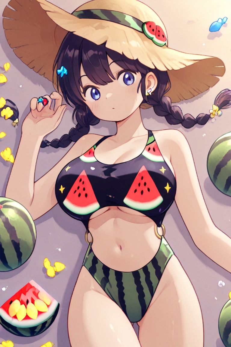 Watermelon-print bikini,  A ring-style bikini with connected top and bottom on Tensor.Art