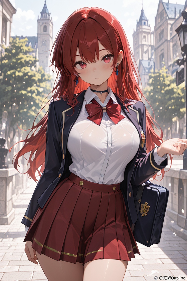 Blazer uniform,  high-quality dark navy blazer,  red pleated skirt. on Tensor.Art