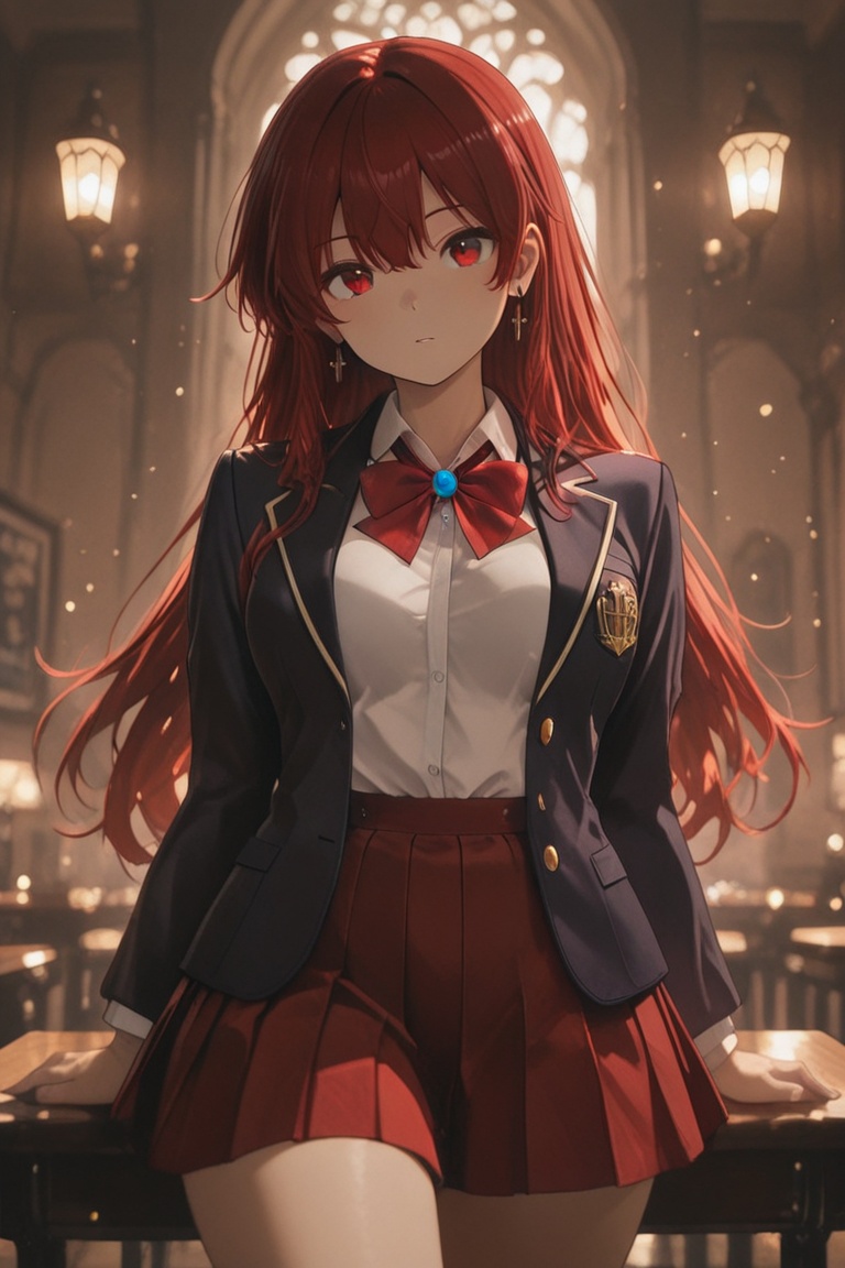 Blazer uniform,  high-quality dark navy blazer,  red pleated skirt. on Tensor.Art