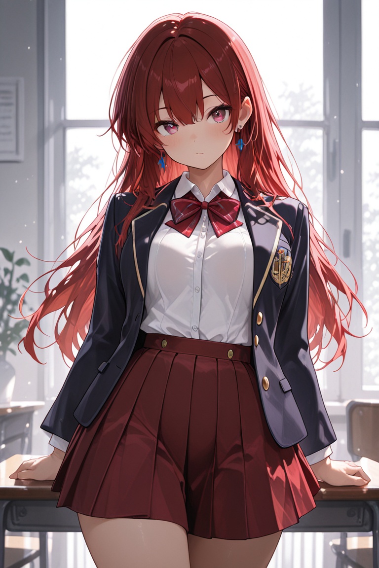 Blazer uniform,  high-quality dark navy blazer,  red pleated skirt. on Tensor.Art
