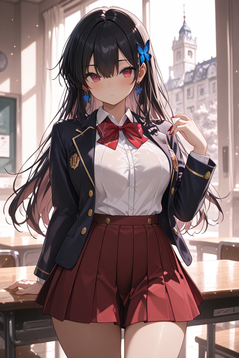 Blazer uniform,  high-quality dark navy blazer,  red pleated skirt. on Tensor.Art