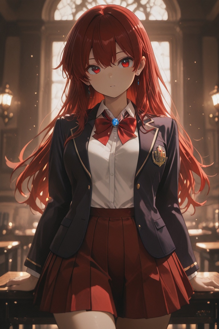 Blazer uniform,  high-quality dark navy blazer,  red pleated skirt. on Tensor.Art