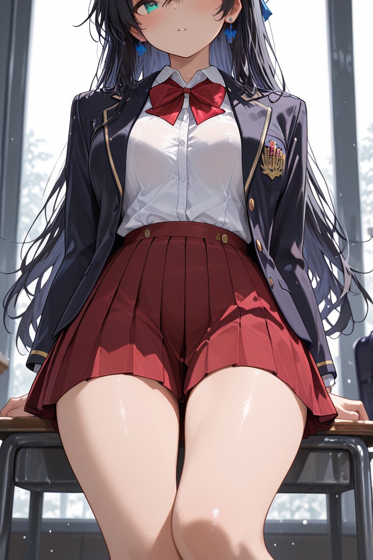 Blazer uniform,  high-quality dark navy blazer,  red pleated skirt. on Tensor.Art