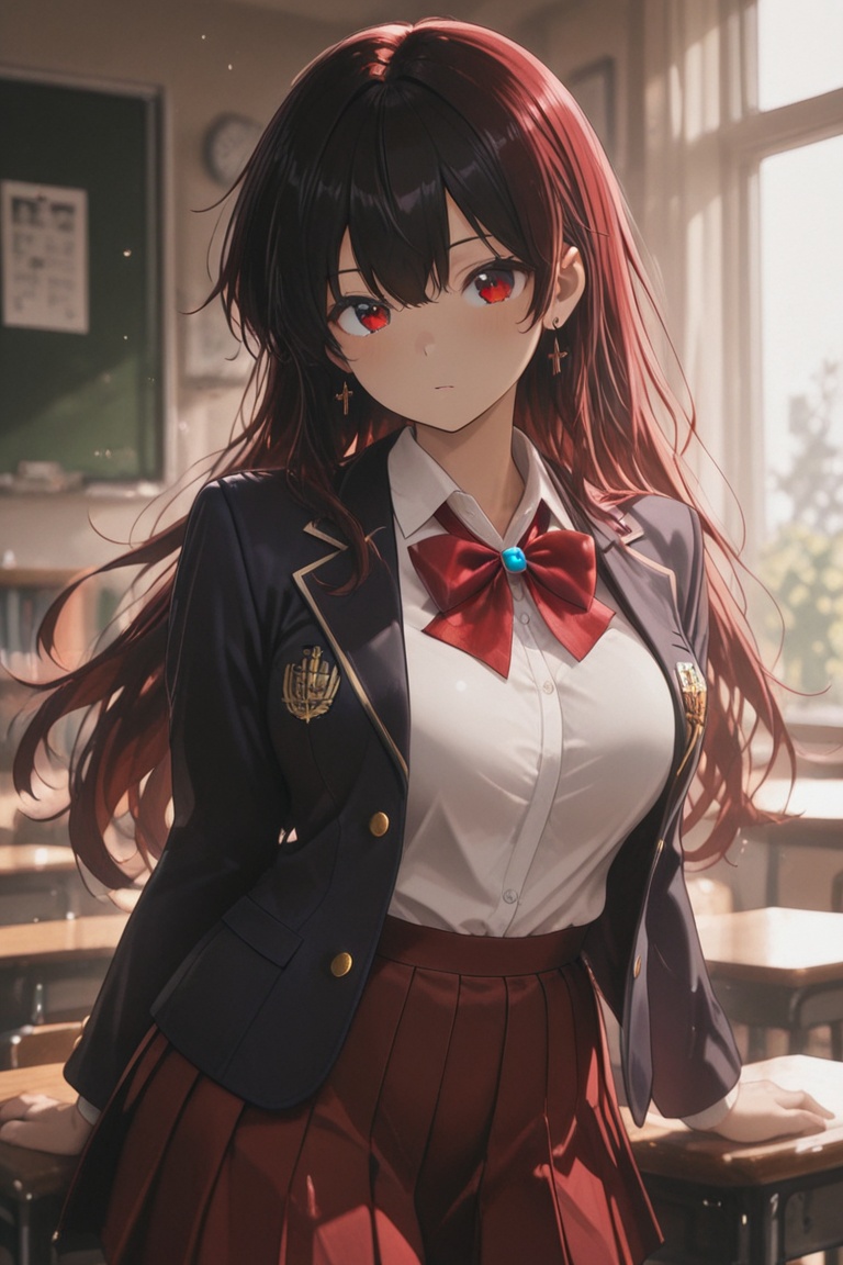 Blazer uniform,  high-quality dark navy blazer,  red pleated skirt. on Tensor.Art