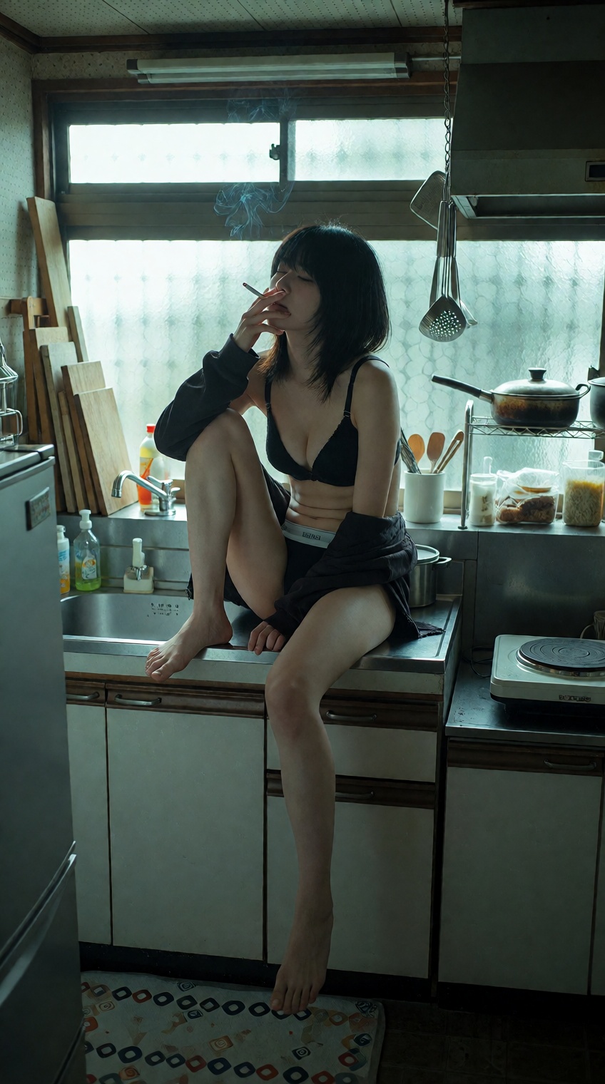 @yesterday_core,  A young woman with short black hair sits on a kitchen counter,  smoking a cigarette. She wears a black b...