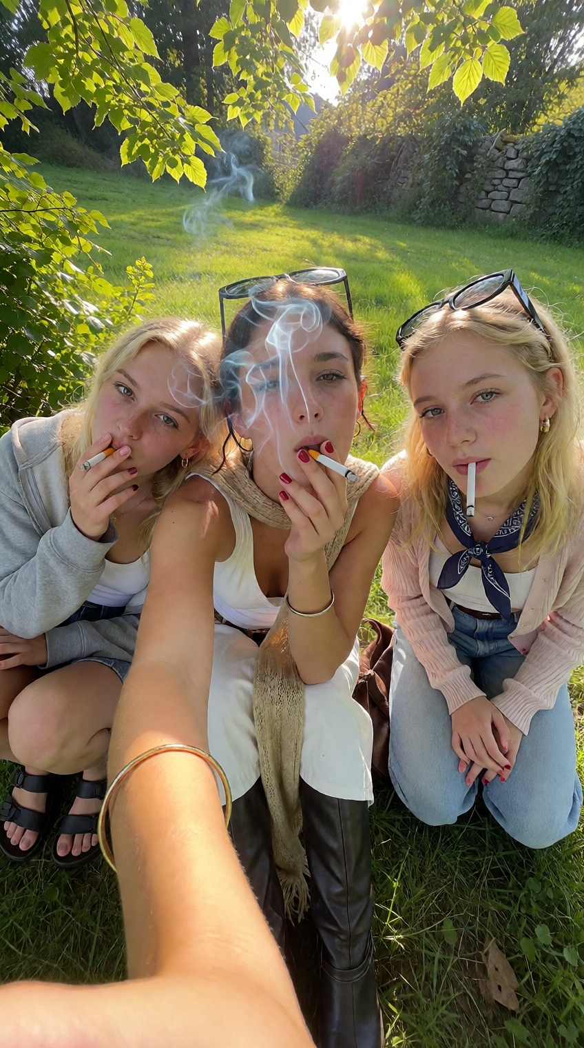 @yesterday_core,  Three young women crouch close together on a sunlit grassy slope,  capturing a selfie. The woman in the...