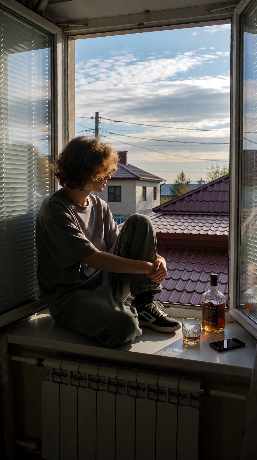 @yesterday_core,  A curly-haired person sits perched on a wide windowsill,  their body turned sideways and silhouetted aga...