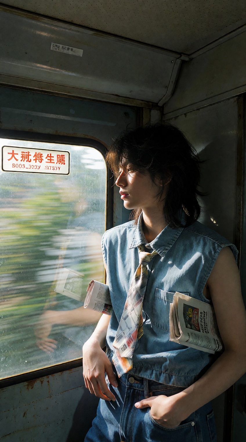 @yesterday_core,  A young person with tousled dark hair stands inside a dim train carriage,  gazing thoughtfully out the w...