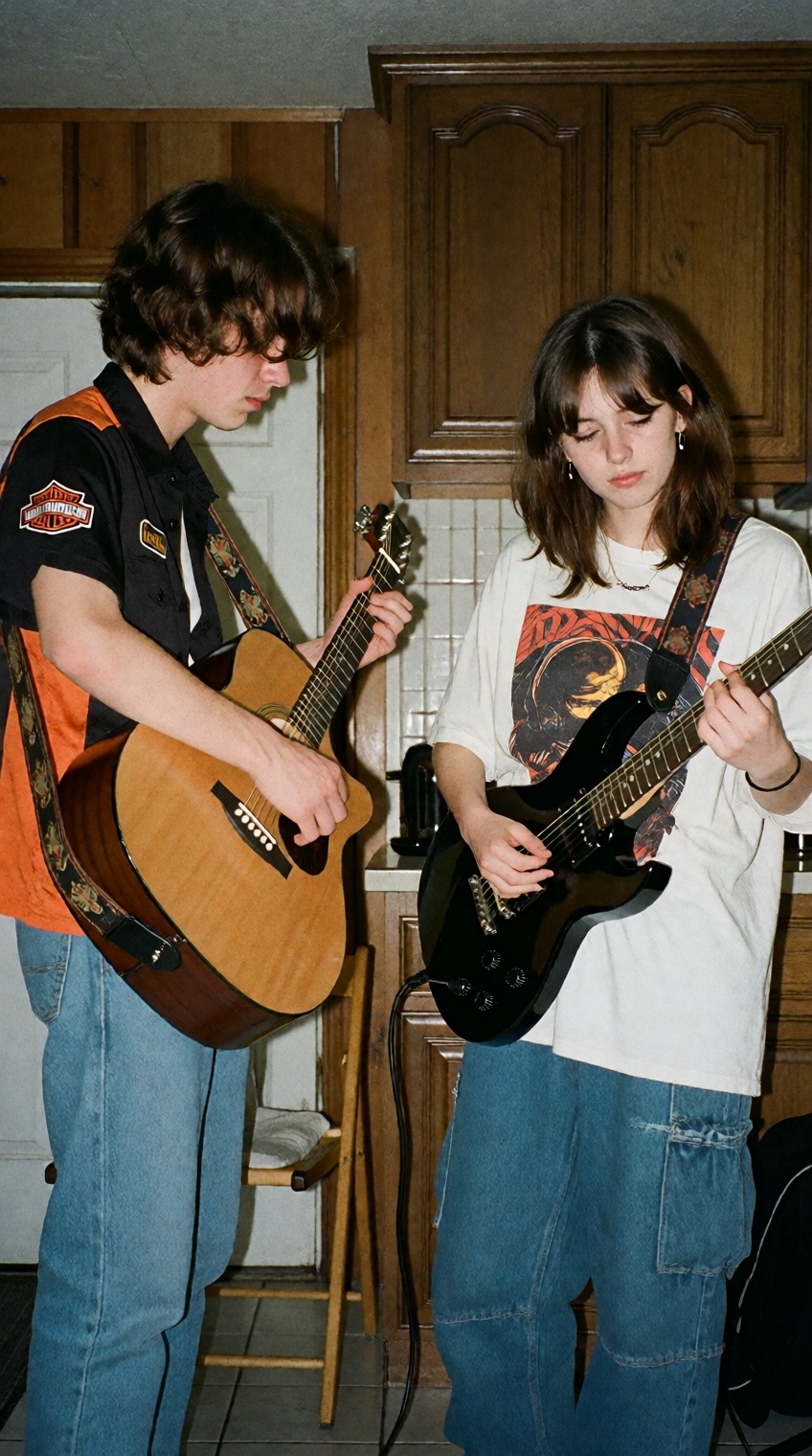 @yesterday_core,  Two young musicians stand side by side,  each absorbed in playing a guitar. On the left on Tensor.Art