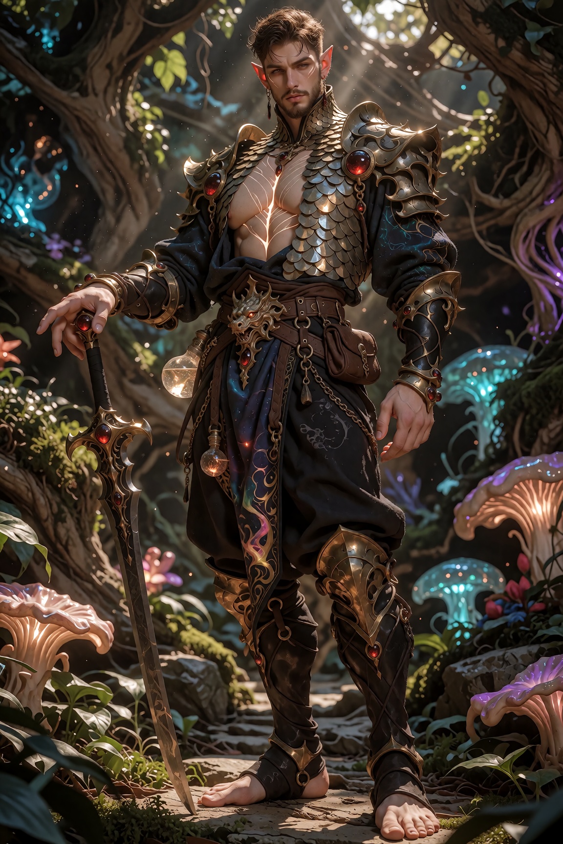 A high-angle cinematic wide shot capturing the majestic presence of a tall,  ethereal high-elf celestial warrior standing...