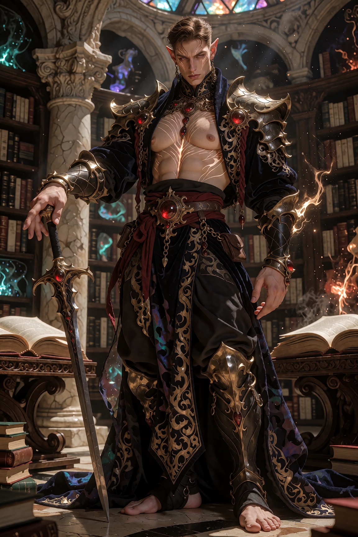 Full-body medium shot,  centered composition,  presenting an ethereal and imposing High Elf Warlord of legendary stature o...