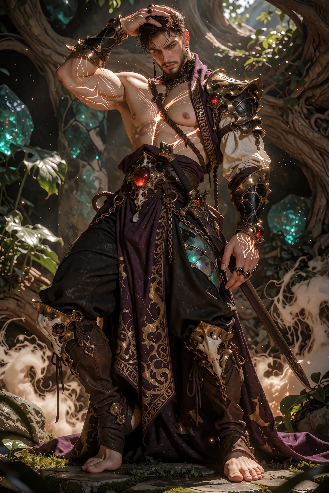 Medium full-body cinematic shot from a slightly low angle,  capturing the subject in a grounded yet commanding stance with...