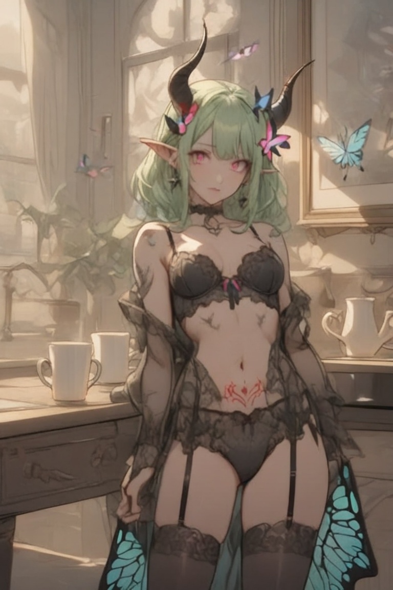 Succubus,  beautiful green hair,  markings on Tensor.Art